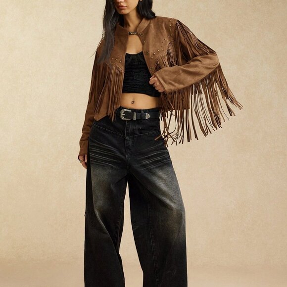 Brown Casual Women's Faux Suedette Jacket with Fringes - Picture 3 of 7